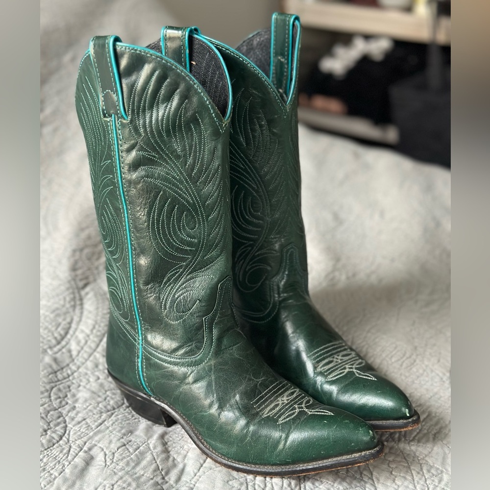Code West Vintage Authentic RARE TEAL LINE Green Cowboy Boots Made in USA